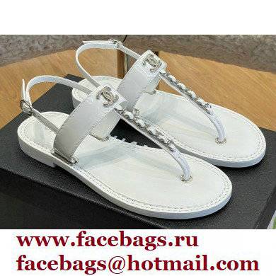 Chanel Chain Patent Calfskin Flat Thong Sandals G38221 White 2022