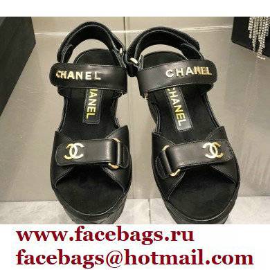 Chanel Logo Wedge Platform Sandals Black 2022