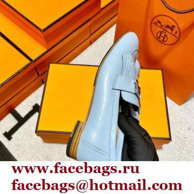 Hermes Leather royal Loafers with fringe Blue - Click Image to Close