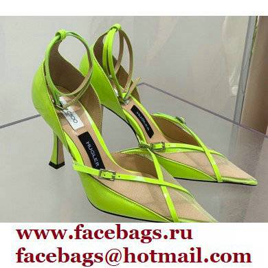 Jimmy Choo Heel 9cm JIMMY CHOO/MUGLER Leather and Mesh Pumps with Straps Neon Yellow 2022